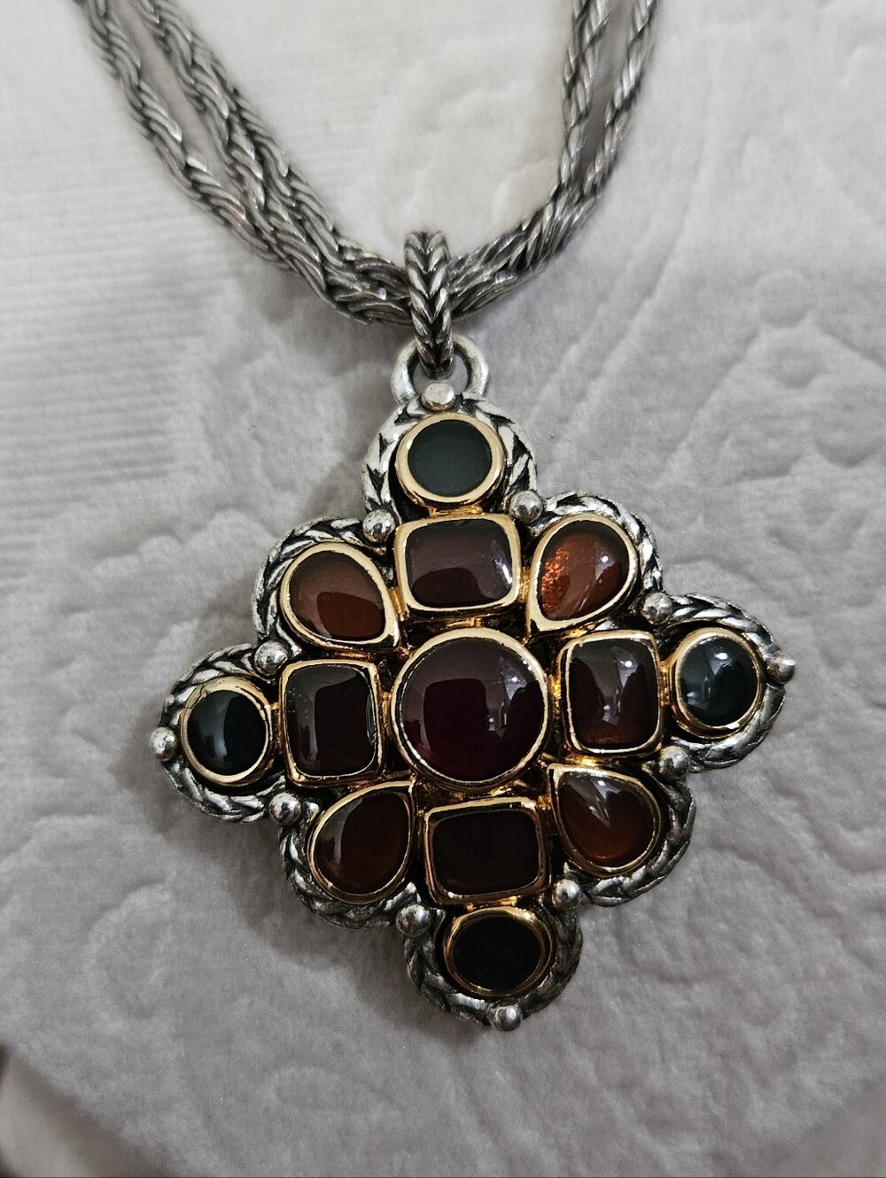 Vintage Anne Klein Byzantine Jewels Necklace Multicolor Poured Glass Silver 18"